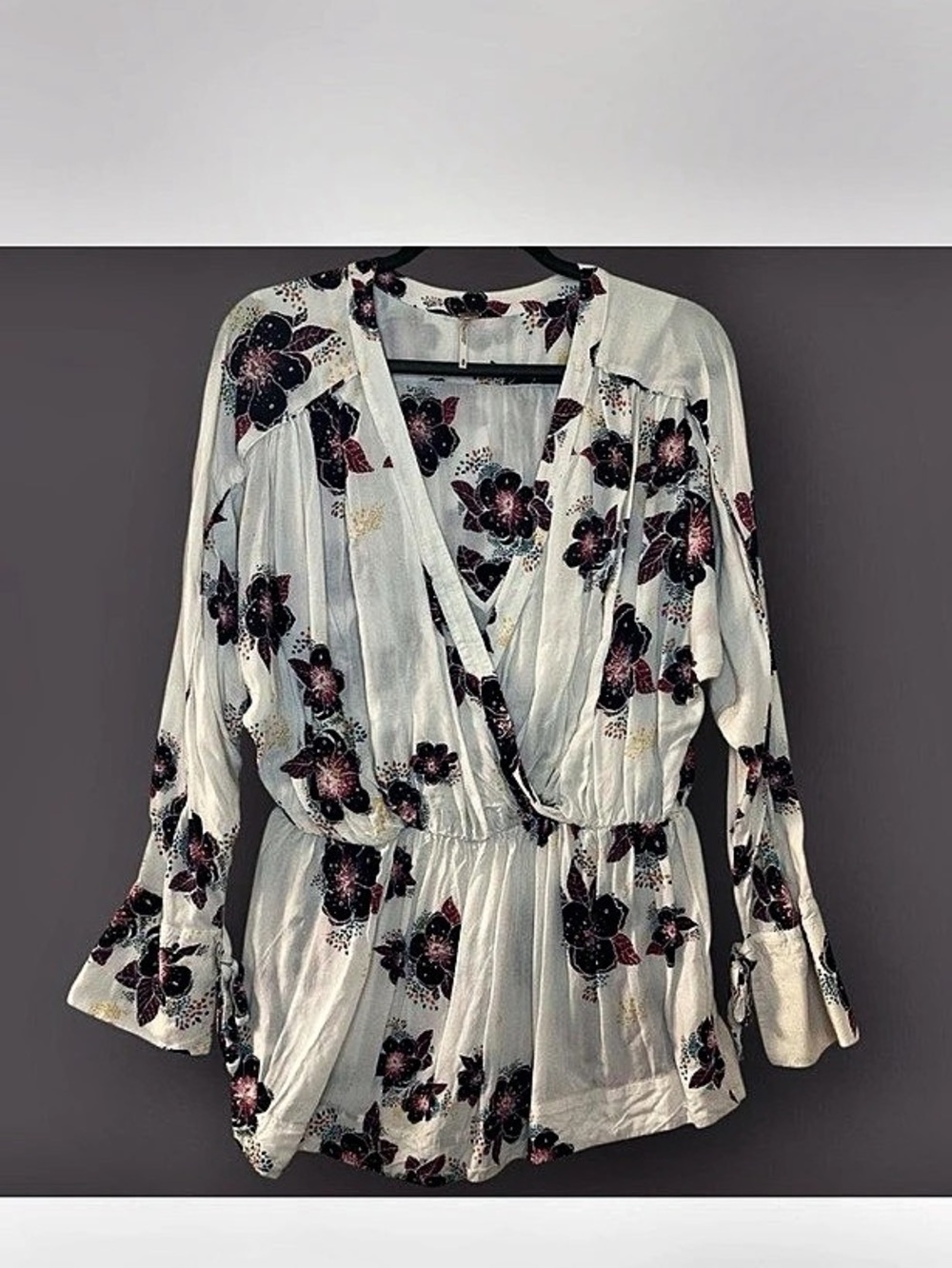 Free People Floral Wrap Blouse White Purple Size Medium